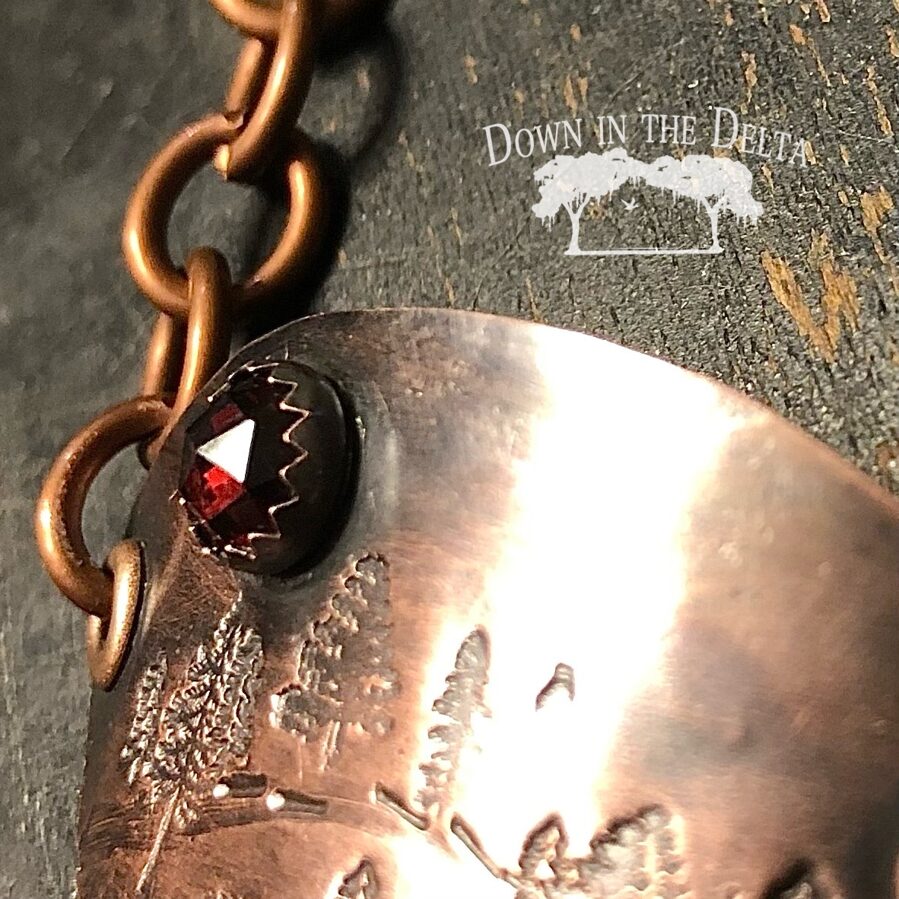 Copper Forest Bracelet Depicting a Moonlit Night with Faceted Garnet