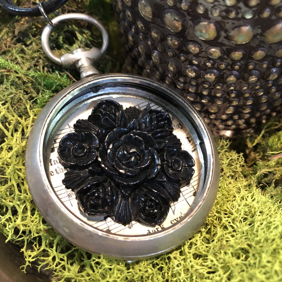 SOLD Antique Pocket Watch Case Necklace with Antique Jet Black Rose