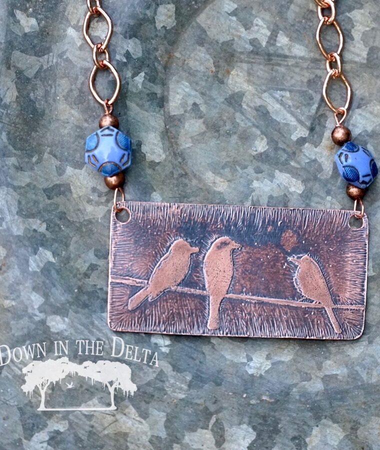 SOLD Bluebirds on a Wire Acid Etched Copper Necklace