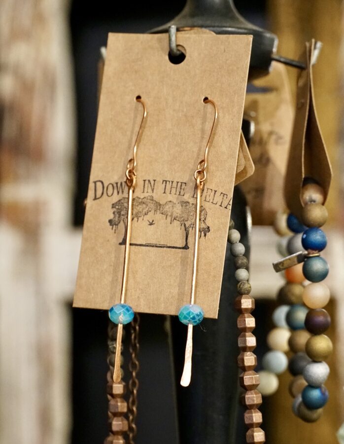 Long Copper Dangle Earrings with Blue Glass Beads