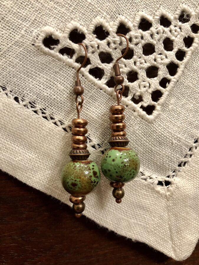 Earrings - Green Pottery Beads with Copper AVAILABLE AT INNOVA ARTS