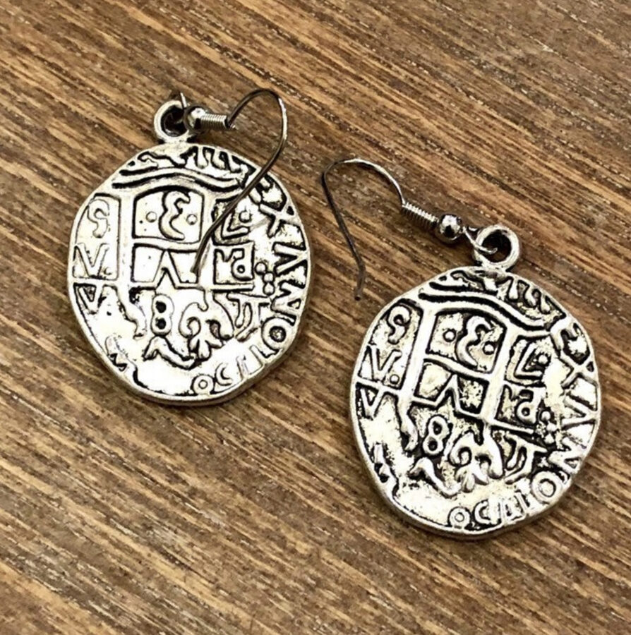 SOLD Silver Color Metal Old World Coin Replica Earrings