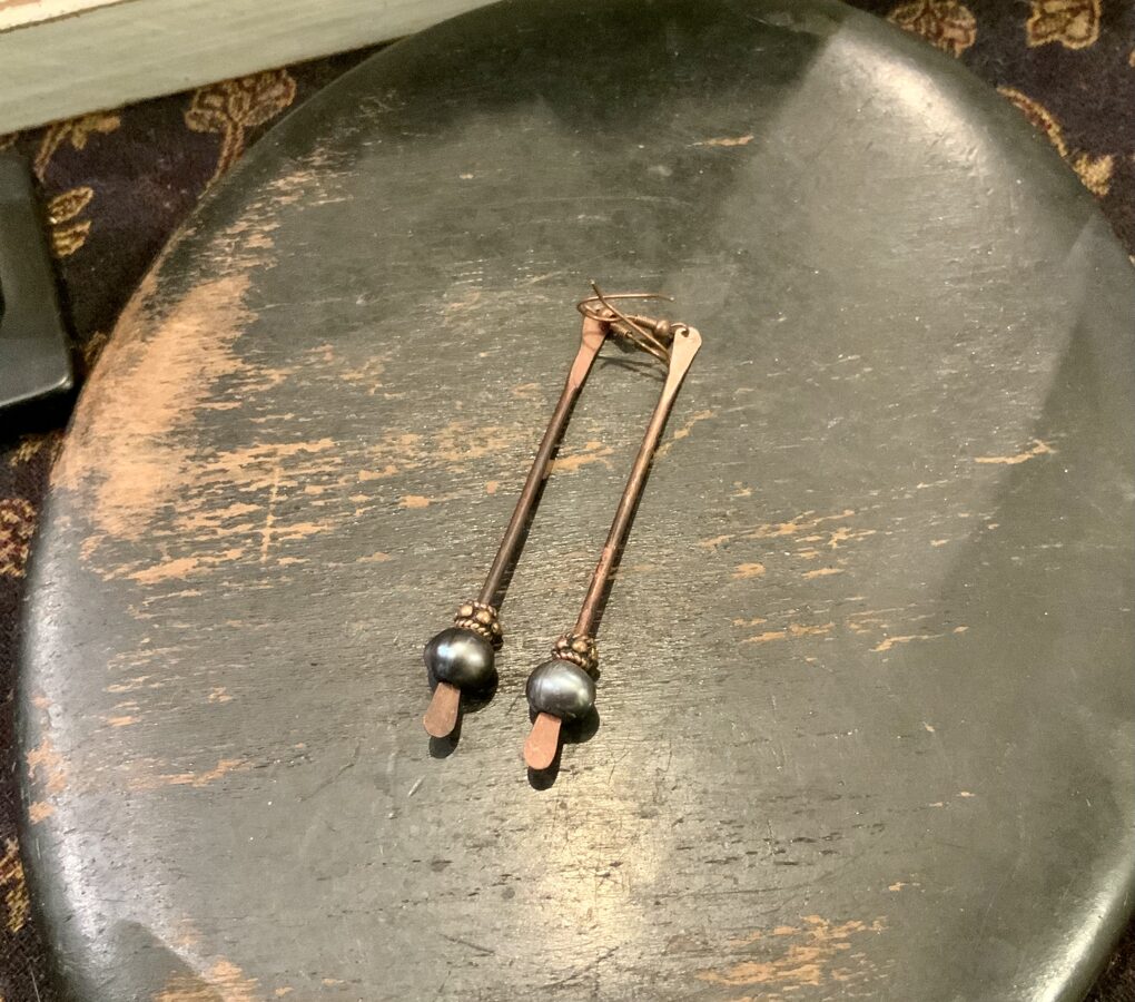 Hammered Copper Wire and Big Black Pearls