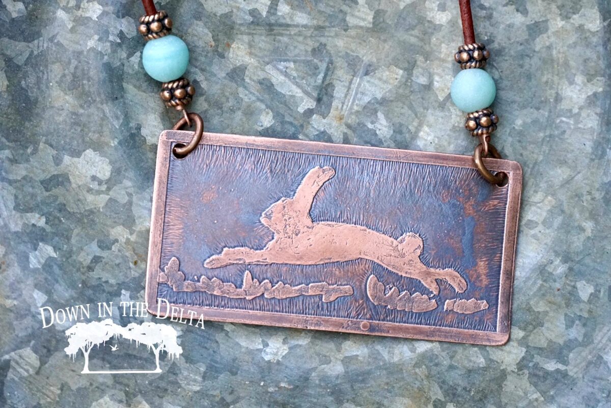 Bunny Necklace with Amazonite Beads and Brown Leather Cord