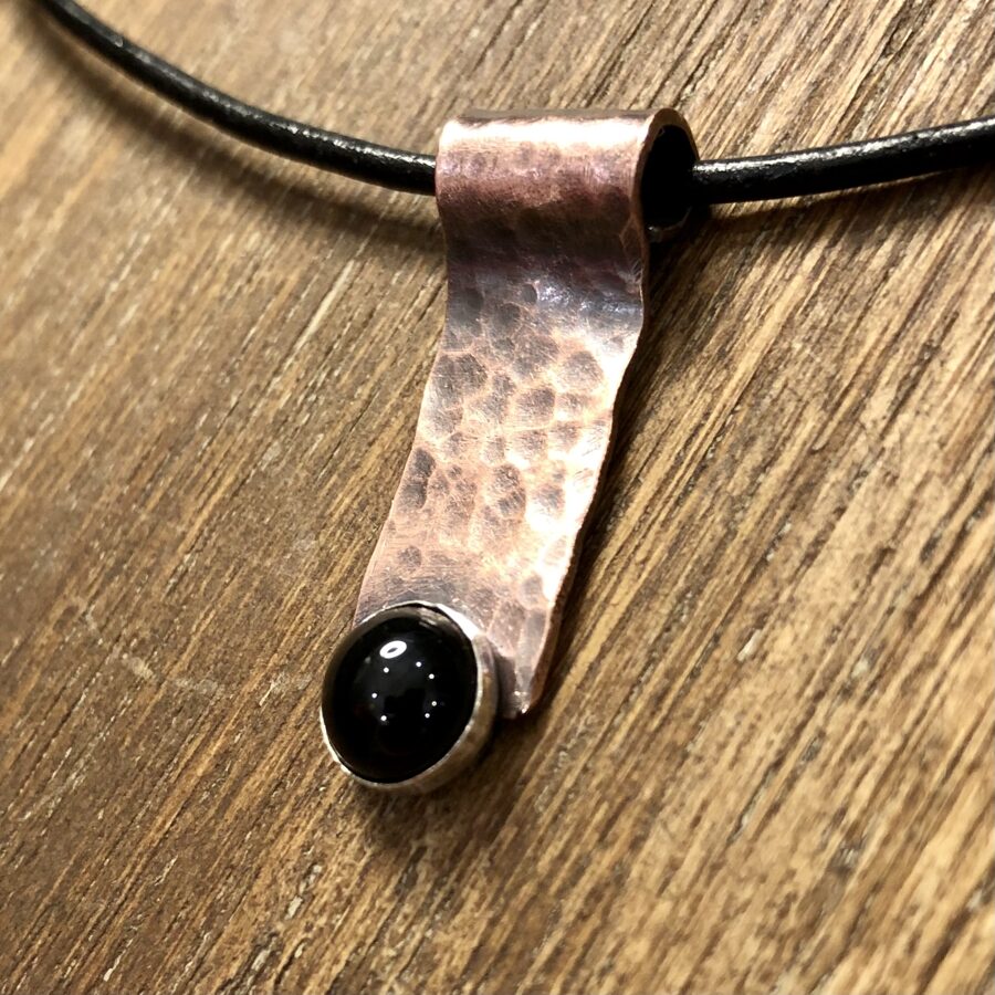 Hammered Copper Pendant with Black Onyx in Sterling Silver on Black Leather