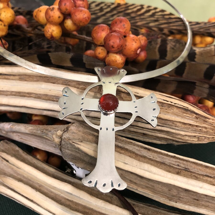 Handmade Sterling Silver Antique Style Cross with Carnelian Stone Pendant