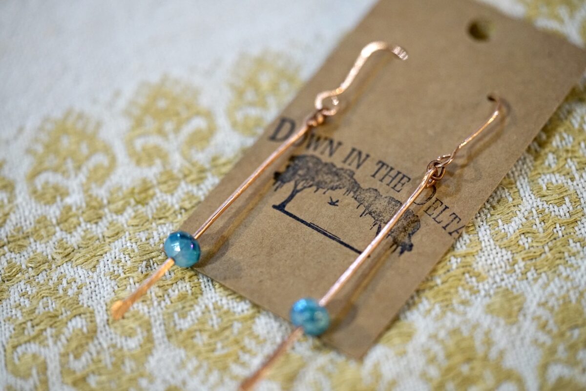 Long Copper Dangle Earrings with Blue Glass Beads