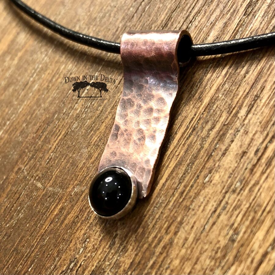 Hammered Copper Pendant with Black Onyx in Sterling Silver on Black Leather