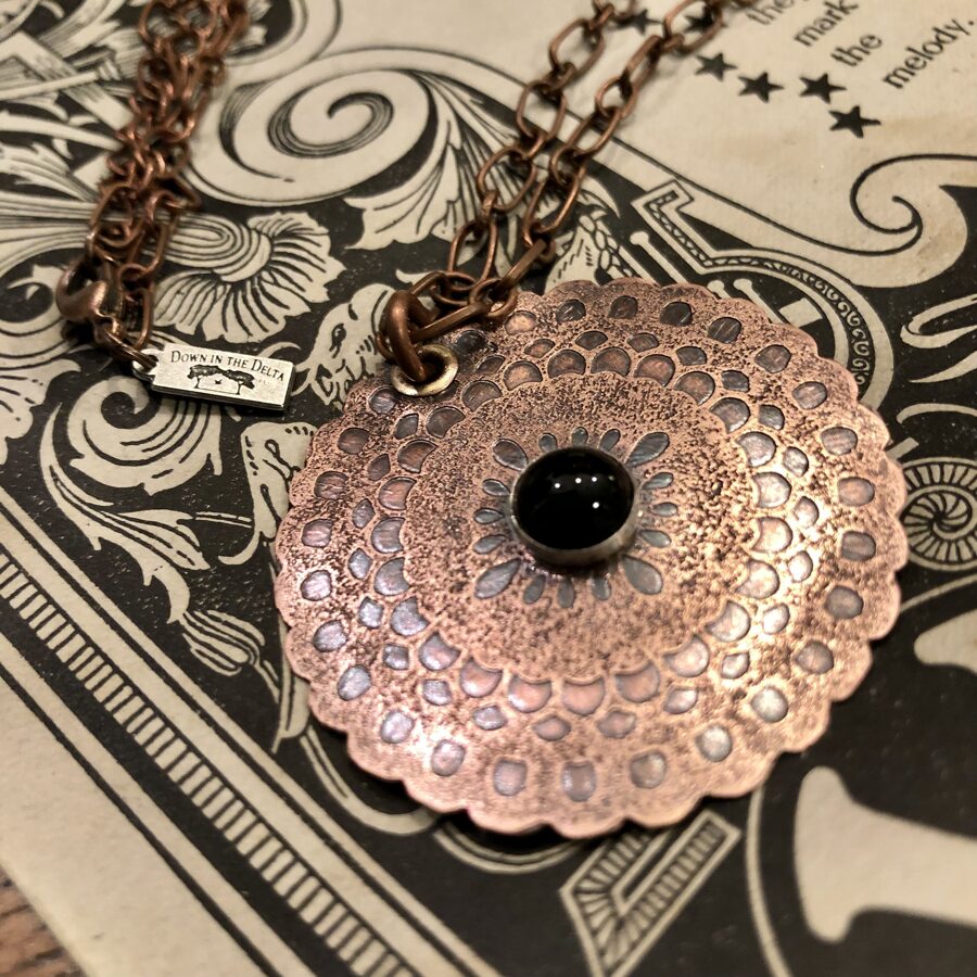 Round Copper Church Window Etched Necklace with Sterling Silver and Black Onyx Accent