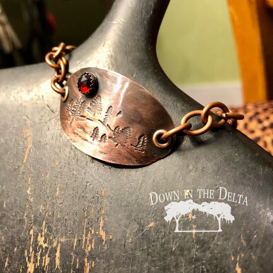SOLD Copper Forest Bracelet Depicting a Moonlit Night with Faceted Garnet