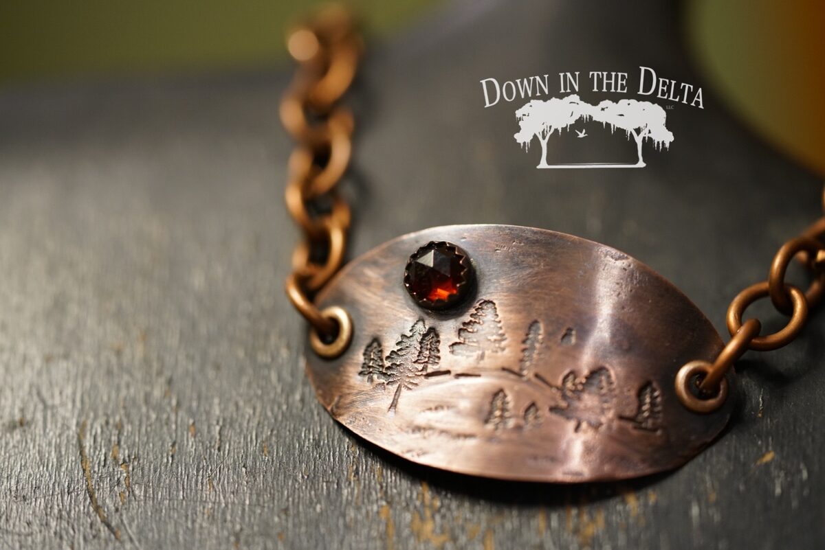 Copper Forest Bracelet Depicting a Moonlit Night with Faceted Garnet