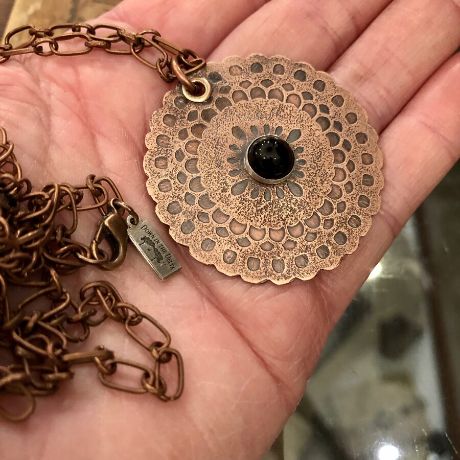 Round Copper Church Window Etched Necklace with Sterling Silver and Black Onyx Accent