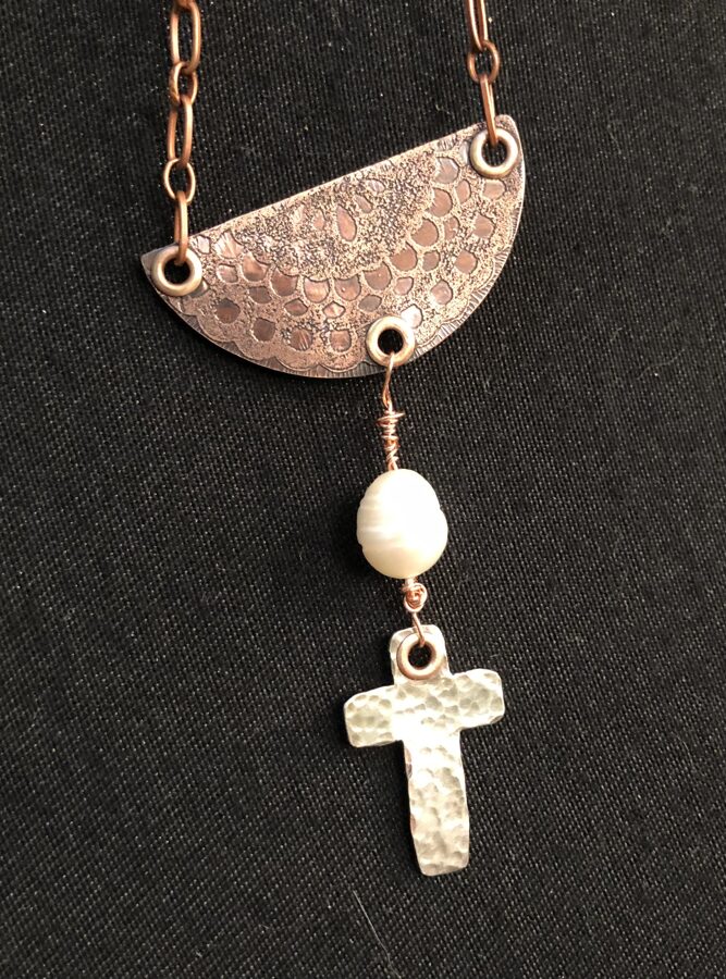 SOLD Church Window and Cross in Copper and Sterling Silver Necklace