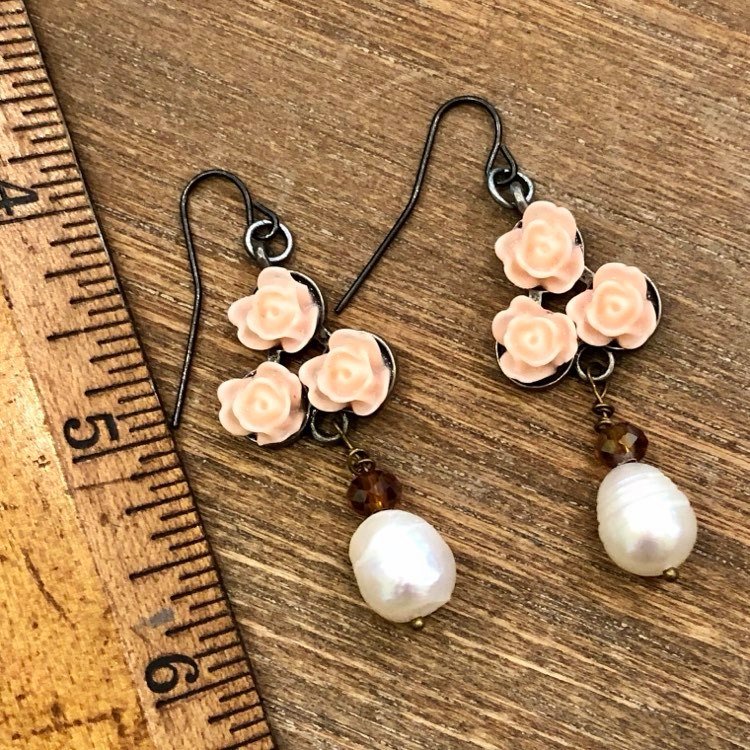 SOLD Peachy Rose and Large Freshwater Pearl Earrings