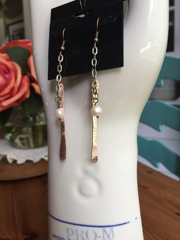 SOLD Hammered Copper and Pearl Earrings