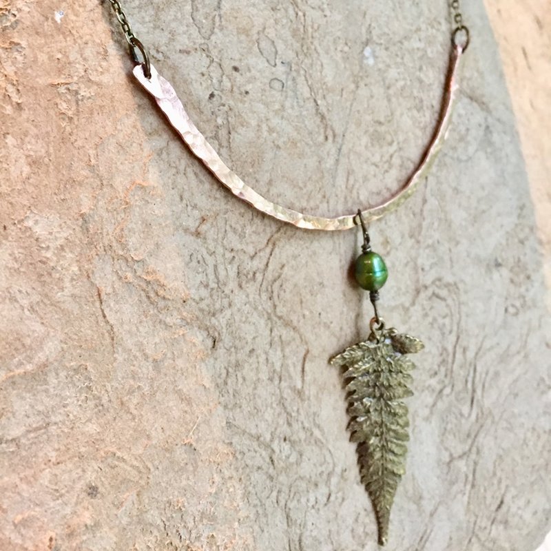 Hammered Copper Fern Frond and Green Pearl Necklace