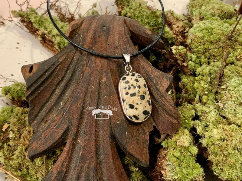 SOLD Dalmatian Stone Two-Sided Necklace in Sterling Silver Bezel on Black Leather Cord