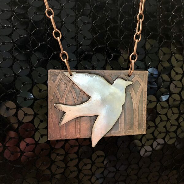 Bird on Gothic Arch Church Window in Sterling Silver and Copper Necklace