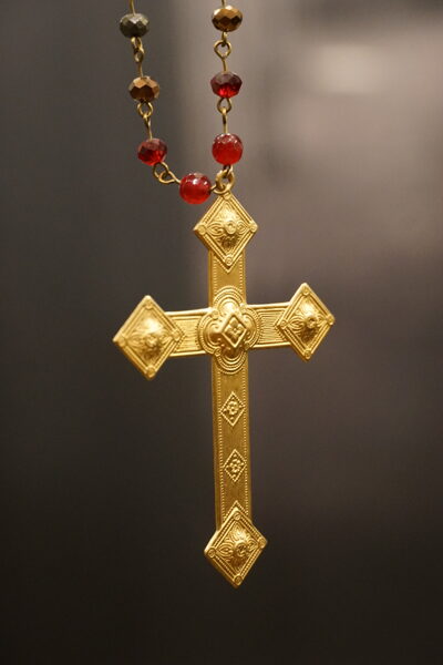 SOLD Vintage Raw Brass Stamped Cross Focal Piece on Red Rosary Beaded Chain