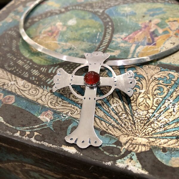Handmade Sterling Silver Antique Style Cross with Carnelian Stone Pendant on Leather Cord