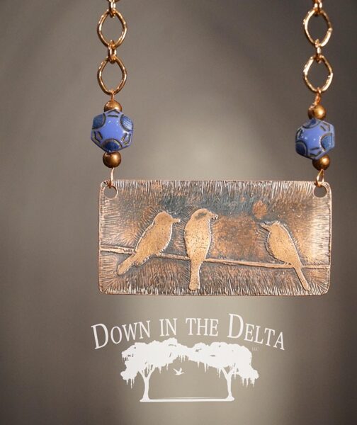 Bluebirds on a Wire Acid Etched Copper Necklace
