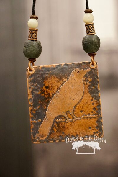 SOLD Copper Bird Necklace with African Glass Beads