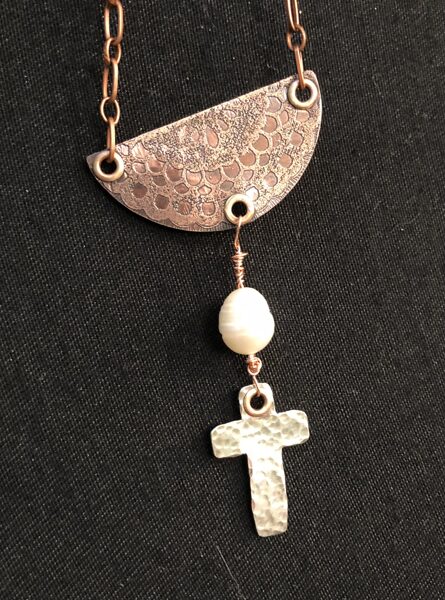 Church Window and Cross in Copper and Sterling Silver Necklace