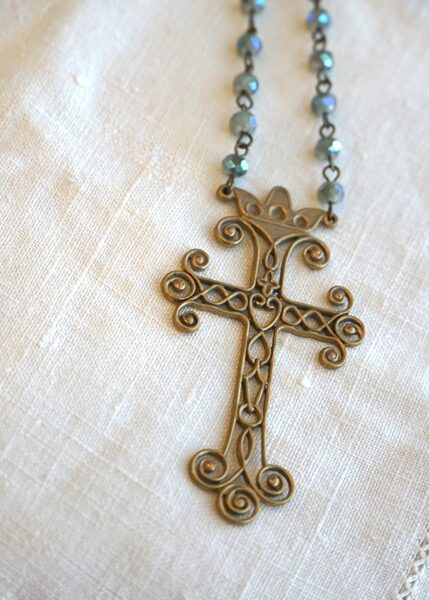 SOLD Ornate Vintage Brass Cross Necklace on Blue Faceted Bead Rosary Chain