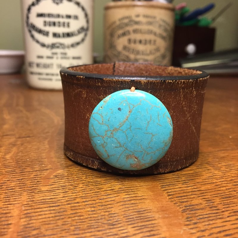 SOLD Vintage Leather Cuff with Turquoise Colored Stone Bead- Size 7 5/8"